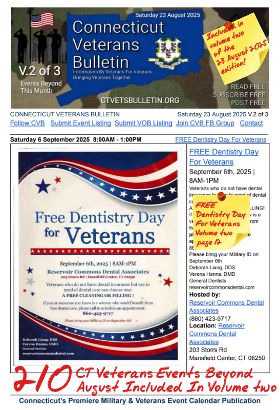 V2 CVB's Weekly Connecticut Veterans Calendar Publication Saturday 23 August 2025 FREE Dentistry Day For Veterans Featured Listing