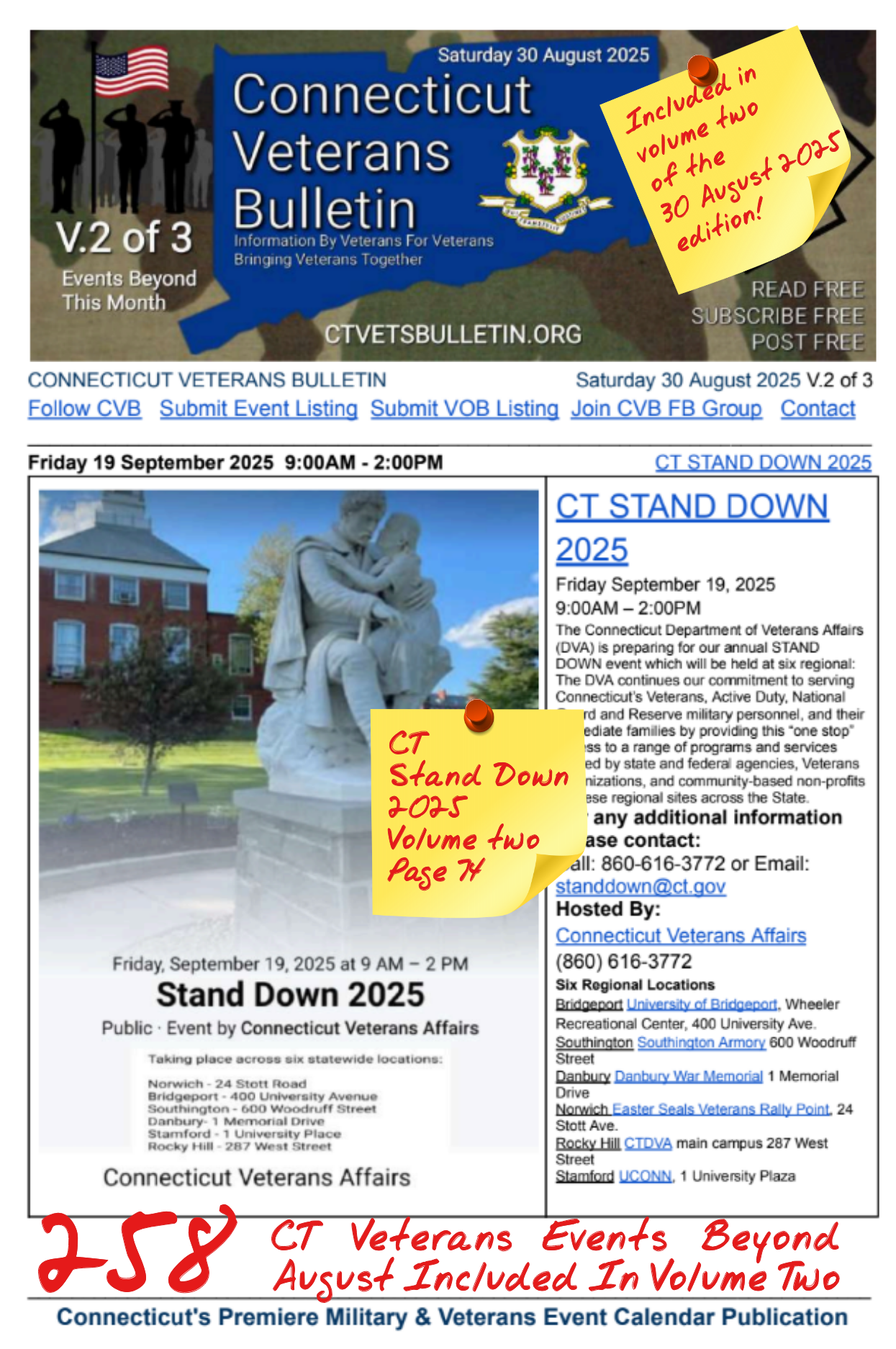 V2 CVB's Weekly Connecticut Veterans Calendar Publication Saturday 30 August 2025 CT Stand Down 2025 Featured Listing