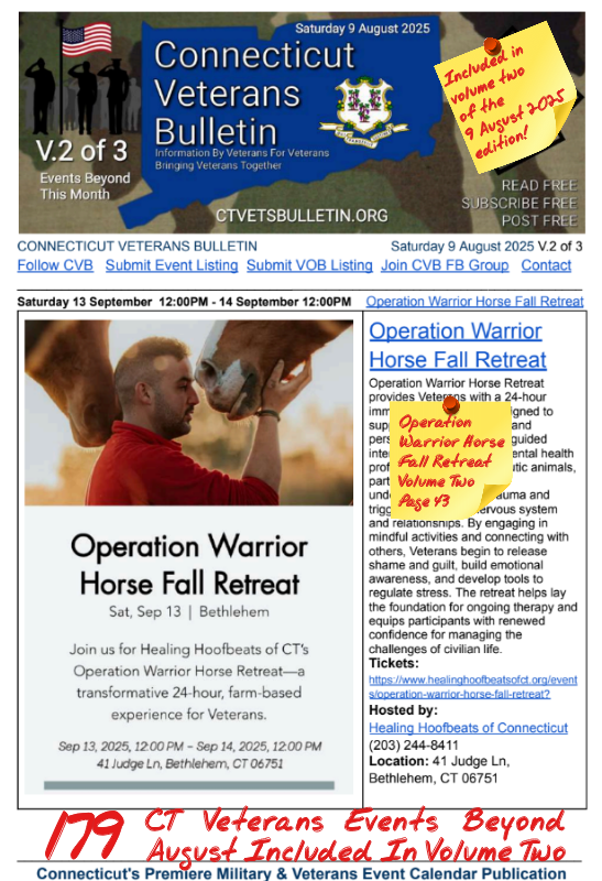 V2 CVB's Weekly Connecticut Veterans Calendar Publication Saturday 9 August 2025 Operation Warrior Horse Fall Retreat Featured Listing