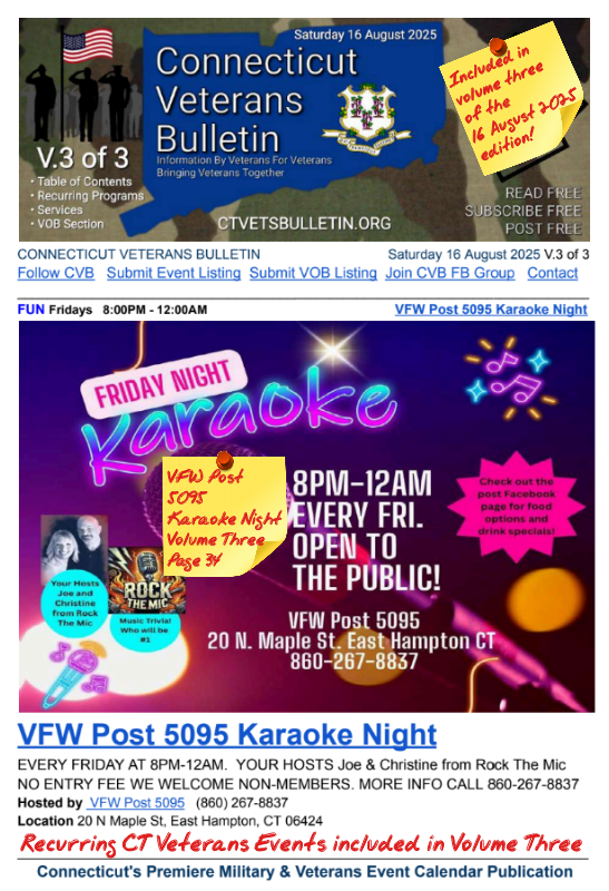 V3 CVB's Weekly Connecticut Veterans Calendar Publication Saturday 16 August 2025 VFW Post 5095 Karaoke Night Featured Listing