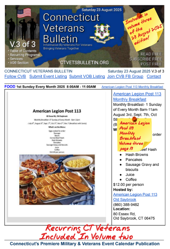 V3 CVB's Weekly Connecticut Veterans Calendar Publication Saturday 23 August 2025 American Legion Post 113 Monthly Breakfast Featured Listing