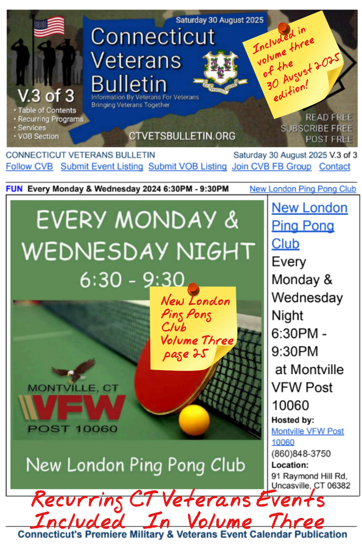 V3 CVB's Weekly Connecticut Veterans Calendar Publication Saturday 30 August 2025 New London Ping Pong Club Featured Listing