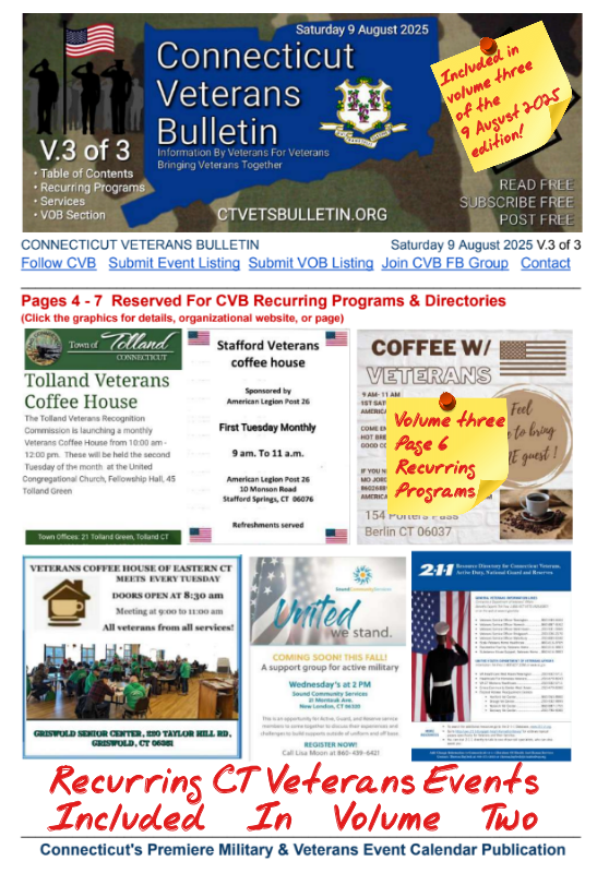 V3 CVB's Weekly Connecticut Veterans Calendar Publication Saturday 9 August 2025 Page 6 recurring programs featured page