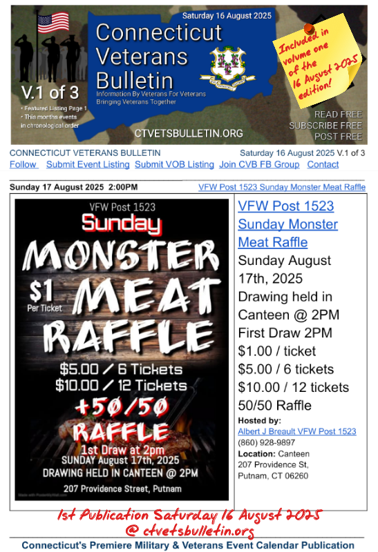 VFW Post 1523 Sunday Monster Meat Raffle Sunday August 17th, 2025