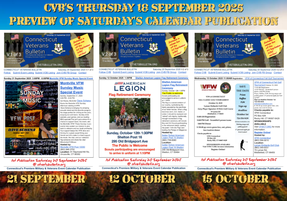 CVB’S Thursday 18 September 2025 Preview of Saturday’s Calendar Publication