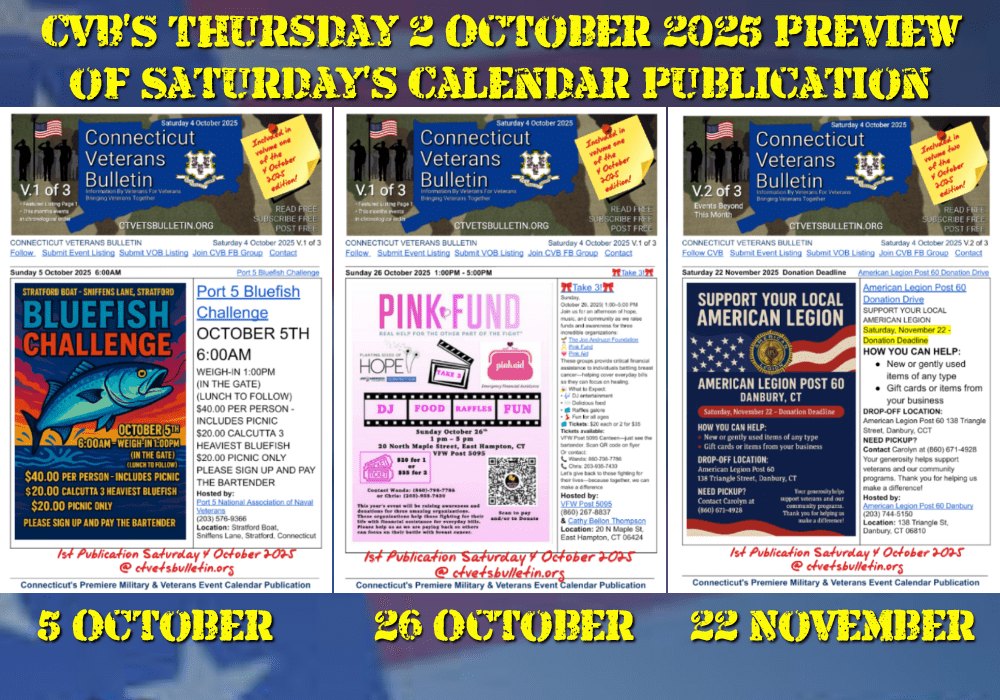 CVB’S Thursday 2 October 2025 Preview of Saturday’s Calendar Publication