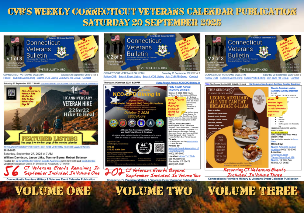 CVB's Weekly Connecticut Veterans Calendar Publication Saturday 20 September 2025