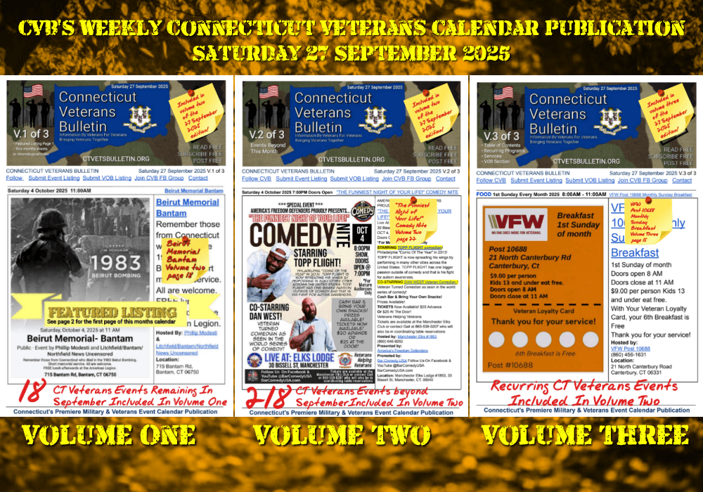 CVB's Weekly Connecticut Veterans Calendar Publication Saturday 27 September 2025