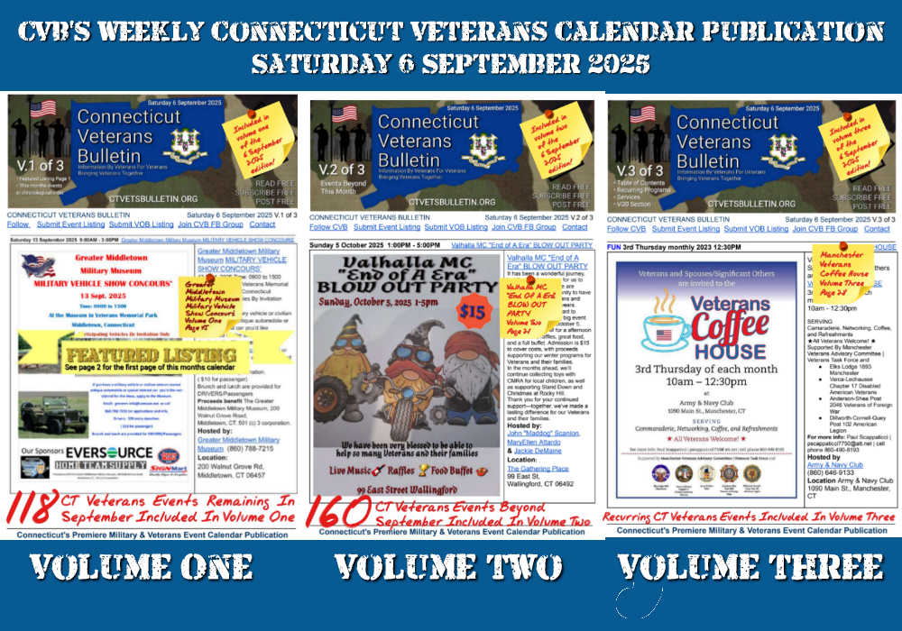 CVB's Weekly Connecticut Veterans Calendar Publication Saturday 6 September 2025