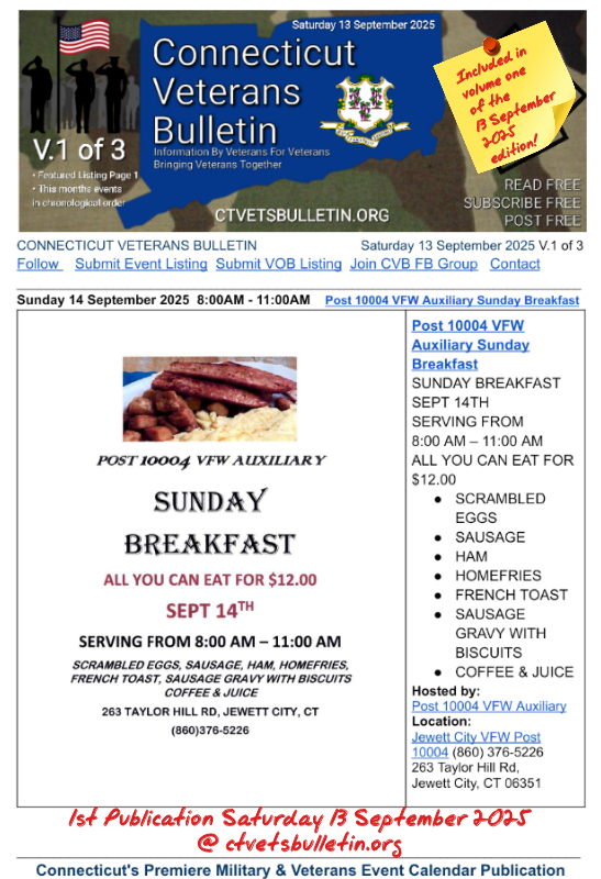 Post 10004 VFW Auxiliary Sunday Breakfast 14 September