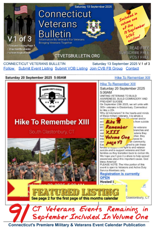 V1 CVB's Weekly Connecticut Veterans Calendar Publication Saturday 13 September 2025 Hike To Remember XIII featured listing