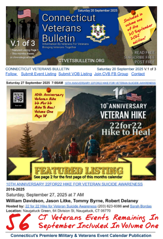 V1 CVB's Weekly Connecticut Veterans Calendar Publication Saturday 20 September 2025 10th Anniversary Veteran Hike 22 For 22 Hike To Heal featured listing