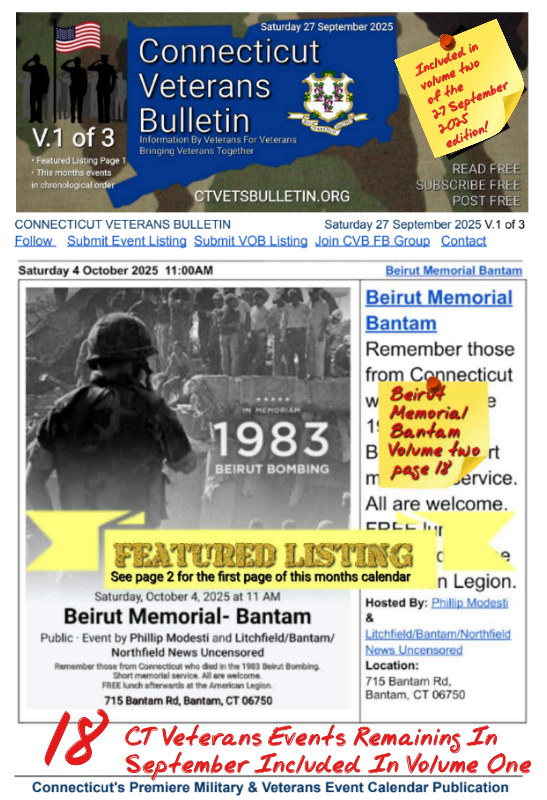 V1 CVB's Weekly Connecticut Veterans Calendar Publication Saturday 27 September 2025 Beirut Memorial Bantam featured listing
