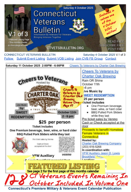 V1 CVB's Weekly Connecticut Veterans Calendar Publication Saturday 4 October 2025 Cheers To Veterans by Charter Oak Brewing Featured Listing