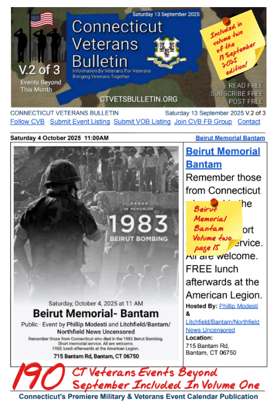 V2 CVB's Weekly Connecticut Veterans Calendar Publication Saturday 13 September 2025 Beirut Memorial Bantam featured listing
