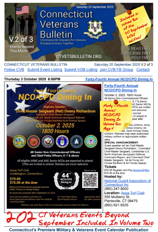 V2 CVB's Weekly Connecticut Veterans Calendar Publication Saturday 20 September 2025 Forty - Forth Annual NCO/CPO Dinning In Featured Listing