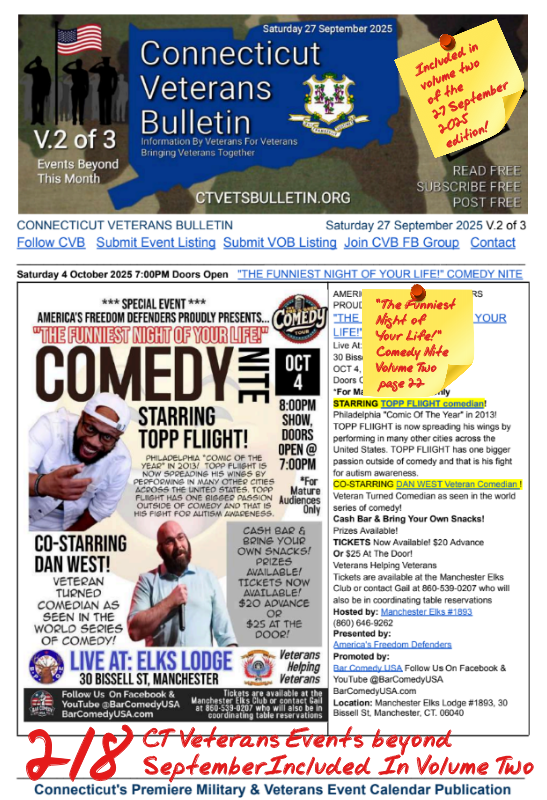V2 CVB's Weekly Connecticut Veterans Calendar Publication Saturday 27 September 2025 The Funniest Night of Your Life Comedy Nite Featured Listing