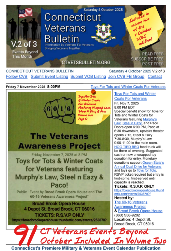 V2 CVB's Weekly Connecticut Veterans Calendar Publication Saturday 4 October 2025 Toys For Tots & Winter Coats For Veterans Featuring Murphy's Law, Steel N Easy & Paco Featured Listing