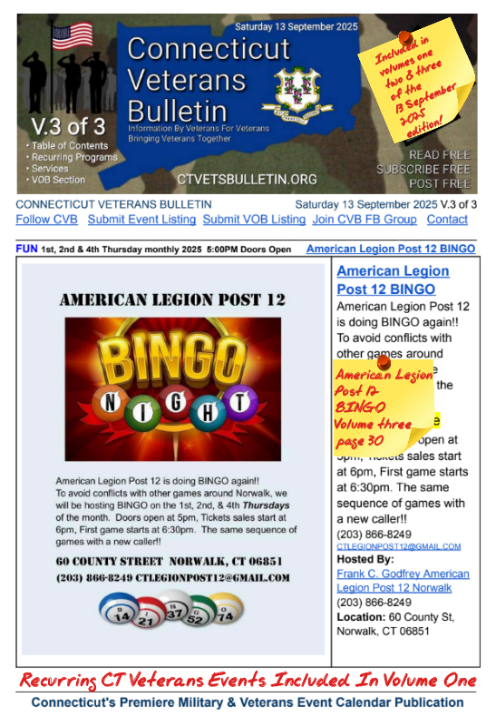 V3 CVB's Weekly Connecticut Veterans Calendar Publication Saturday 13 September 2025 American Legion Post 12 BINGO featured listing