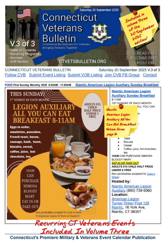 V3 CVB's Weekly Connecticut Veterans Calendar Publication Saturday 20 September 2025 Niantic American Legion Auxiliary All You Can Eat Breakfast Featured Listing