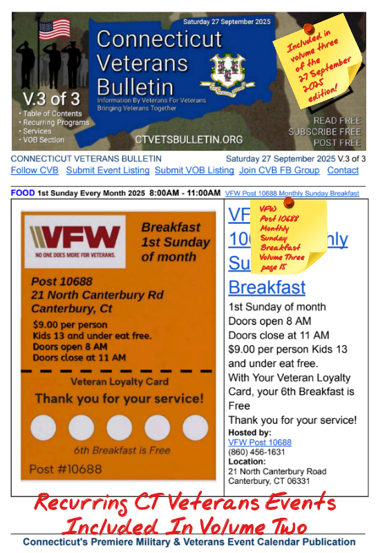 V3 CVB's Weekly Connecticut Veterans Calendar Publication Saturday 27 September 2025 VFW Post 10688 Monthly Sunday Breakfast Featured Listing