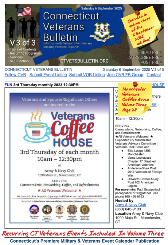 V3 CVB's Weekly Connecticut Veterans Calendar Publication Saturday 6 September 2025 Manchester Veterans Coffee House Featured Listing
