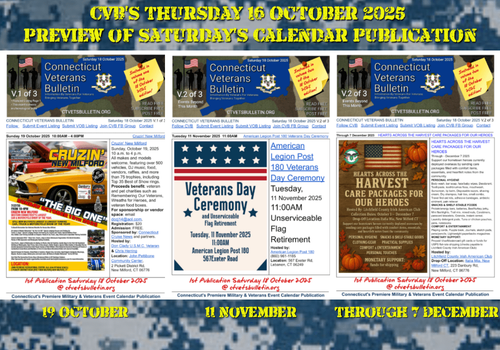 CVB’S Thursday 16 October 2025 Preview of Saturday’s Calendar Publication