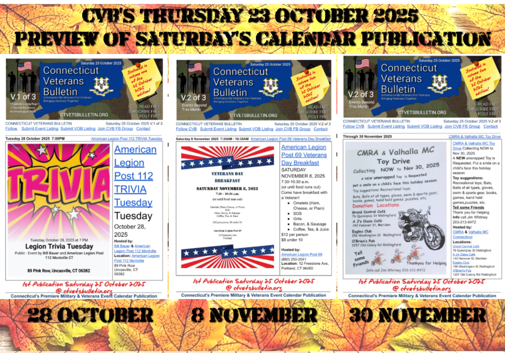 CVB’S Thursday 23 October 2025 Preview of Saturday’s Calendar Publication