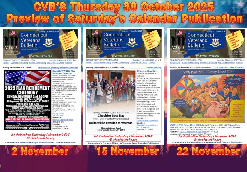CVB’S Thursday 30 October 2025 Preview of Saturday’s Calendar Publication