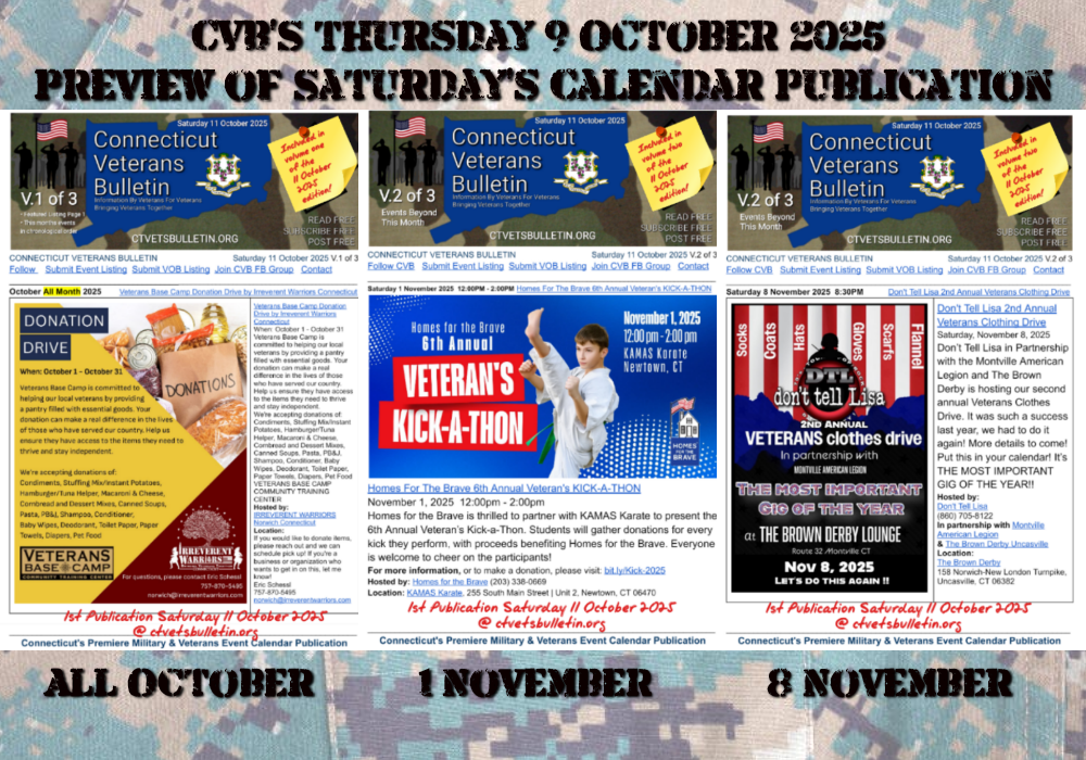 CVB’S Thursday 9 October 2025 Preview of Saturday’s Calendar Publication