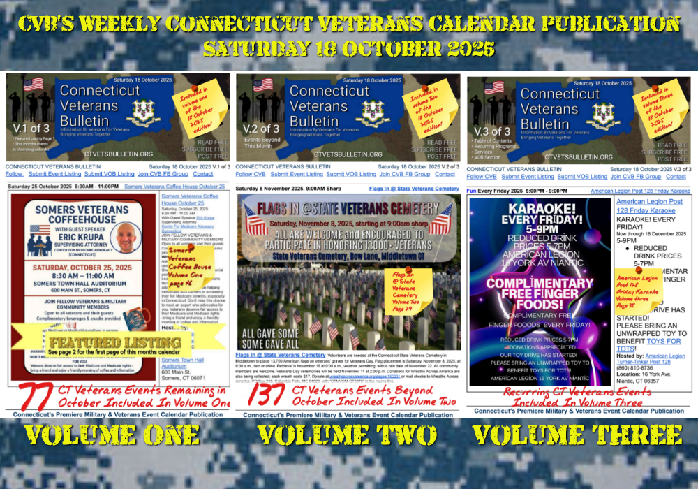 CVB's Weekly Connecticut Veterans Calendar Publication Saturday 18 October 2025