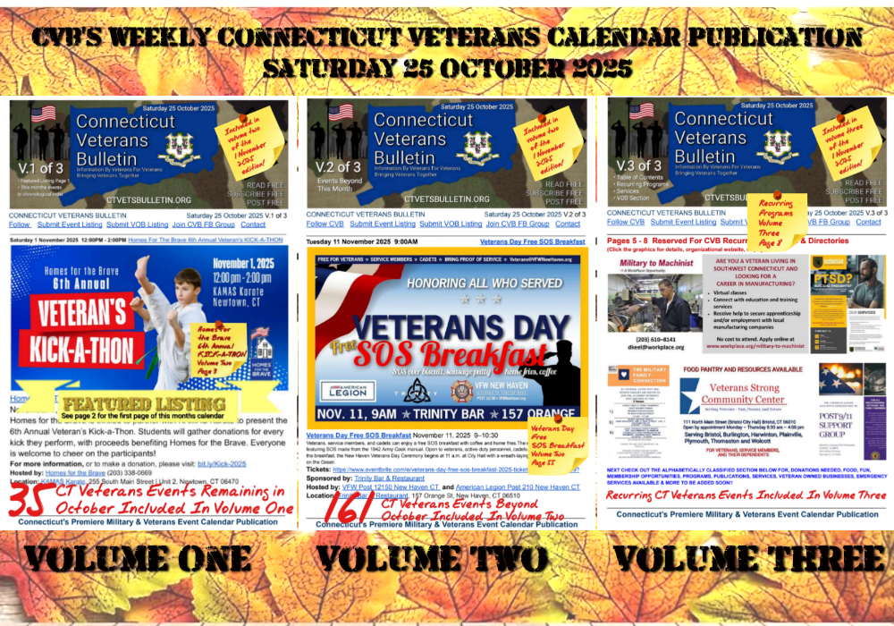 CVB's Weekly Connecticut Veterans Calendar Publication Saturday 25 October 2025