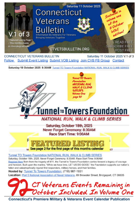 V1 CVB's Weekly Connecticut Veterans Calendar Publication Saturday 11 October 2025 Tunnel TO Towers Foundation NATIONAL RUN, WALK & CLIMB SERIES featured listing