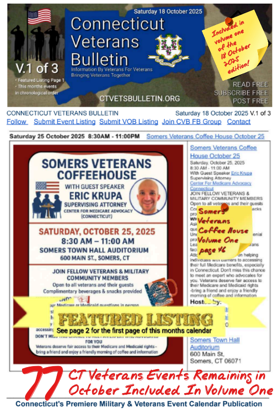 V1 CVB's Weekly Connecticut Veterans Calendar Publication Saturday 18 October 2025 Somers Veterans Coffee House October 2025 featured listing