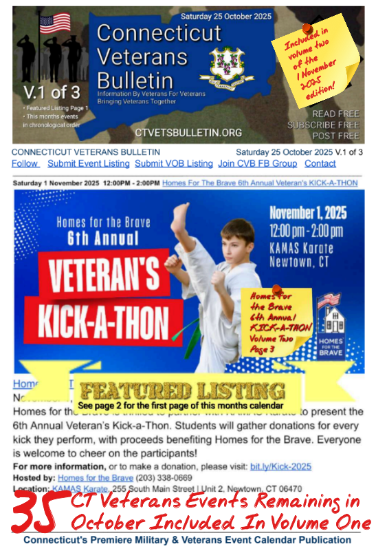 V1 CVB's Weekly Connecticut Veterans Calendar Publication Saturday 25 October 2025 featured listing