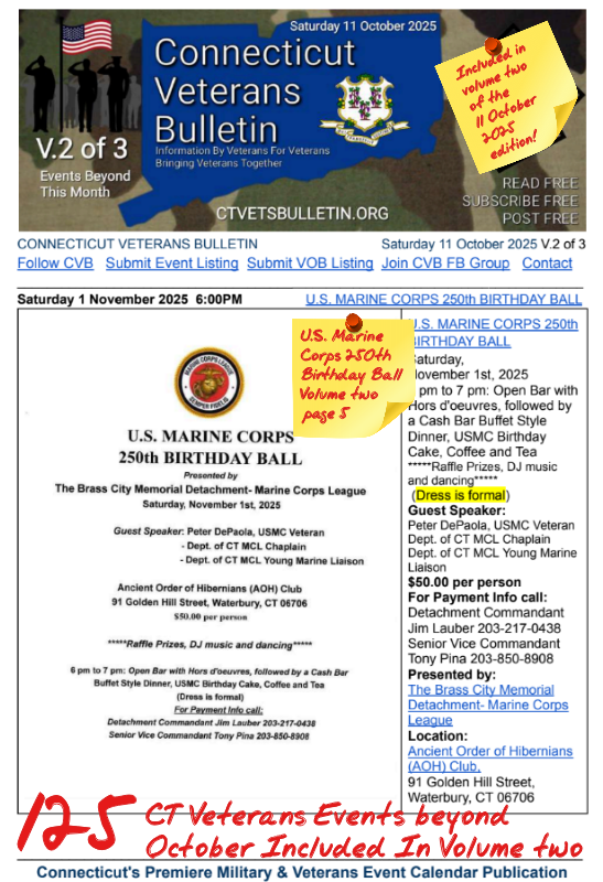 V2 CVB's Weekly Connecticut Veterans Calendar Publication Saturday 11 October 2025 U.S Marine Corps 250th Birthday Ball featured listing