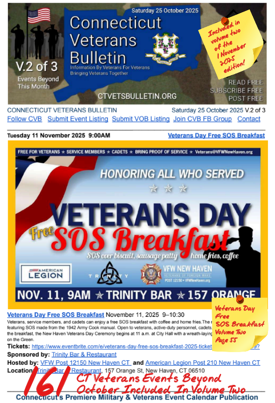 V2 CVB's Weekly Connecticut Veterans Calendar Publication Saturday 25 October 2025 featured listing