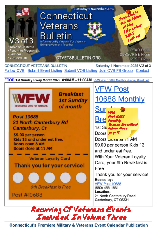 V3 CVB's Weekly Connecticut Veterans Calendar Publication Saturday 1 November 2025 VFW Post 10688 Monthly Sunday Breakfast featured listing