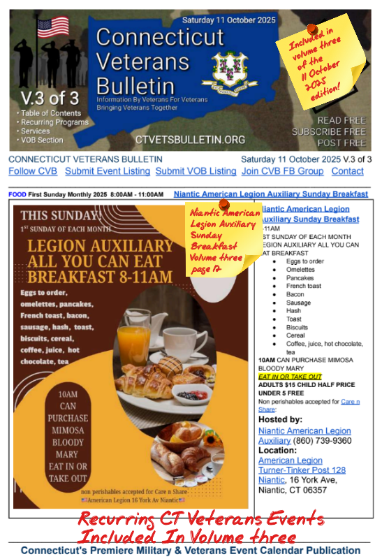 V3 CVB's Weekly Connecticut Veterans Calendar Publication Saturday 11 October 2025 Niantic American Legion Auxiliary Sunday Breakfast featured listing