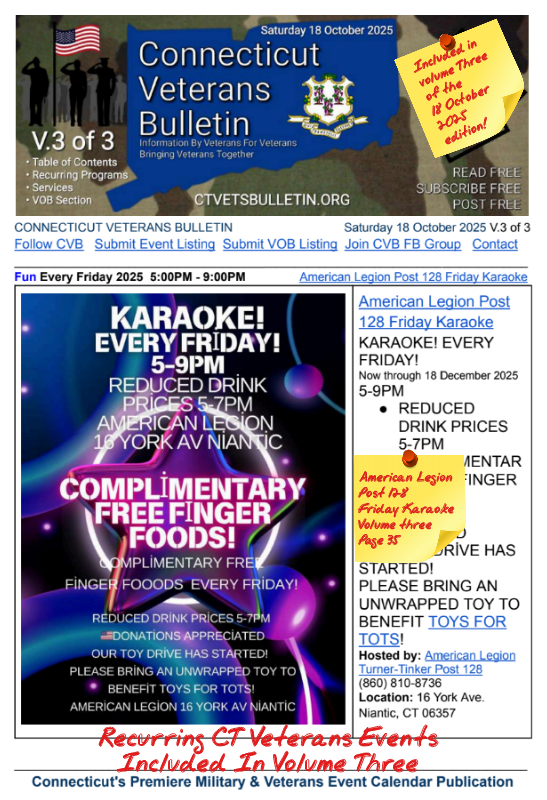 V3 CVB's Weekly Connecticut Veterans Calendar Publication Saturday 18 October 2025 American Legion Post 128 Friday Karaoke featured listing