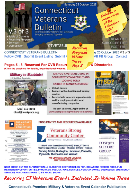 V3 CVB's Weekly Connecticut Veterans Calendar Publication Saturday 25 October 2025 Featured Page