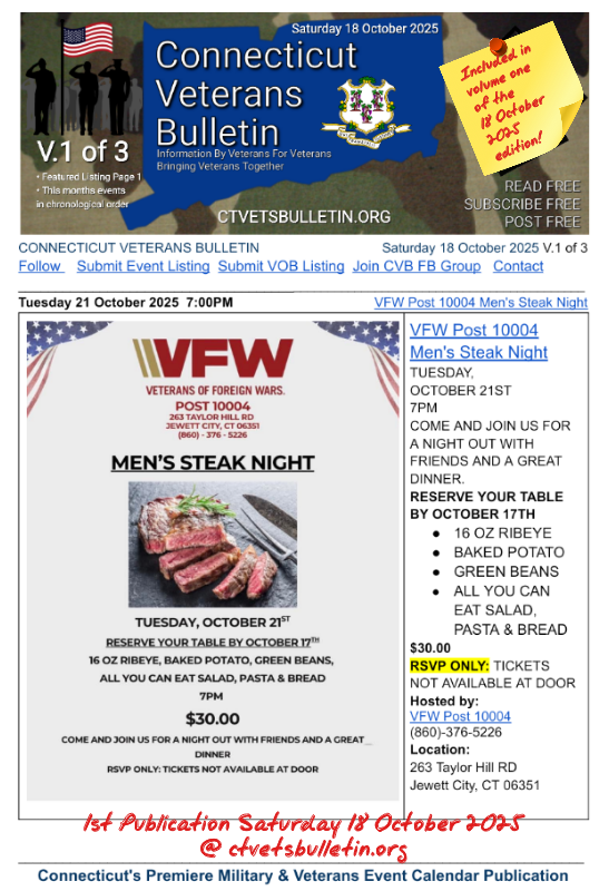 VFW Post 10004 Men's Steak Night 21 October 2025