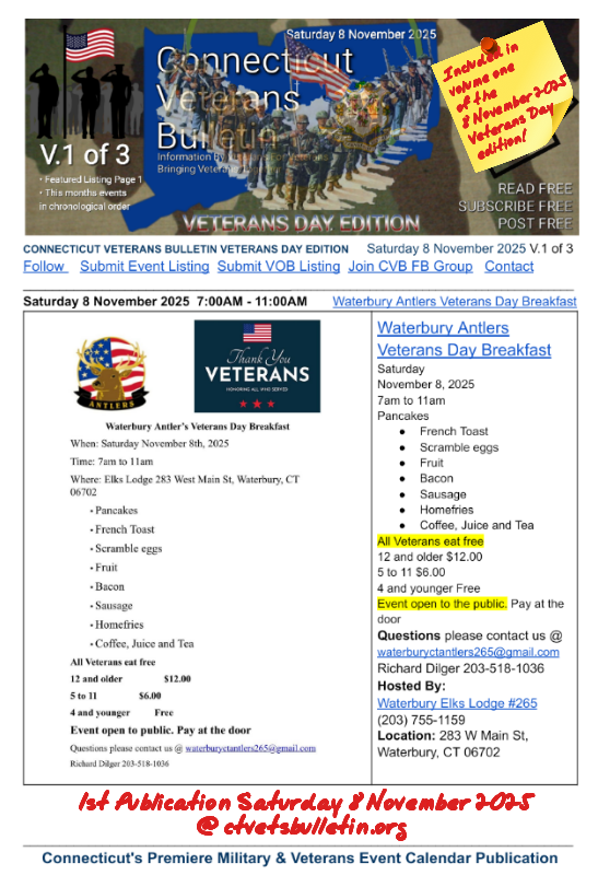 Waterbury Antlers Veterans Day Breakfast