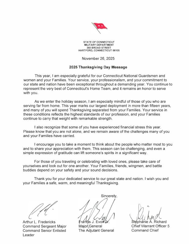 A Thanksgiving Message from the Adjutant General of the Connecticut National Guard