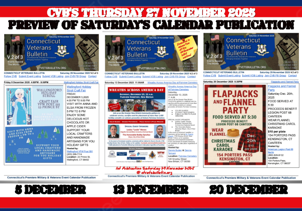 CVB’S Thursday 27 November 2025 Preview of Saturday’s Calendar Publication