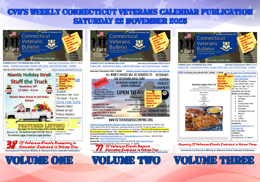 CVB's Weekly Connecticut Veterans Calendar Publication Saturday 22 November 2025