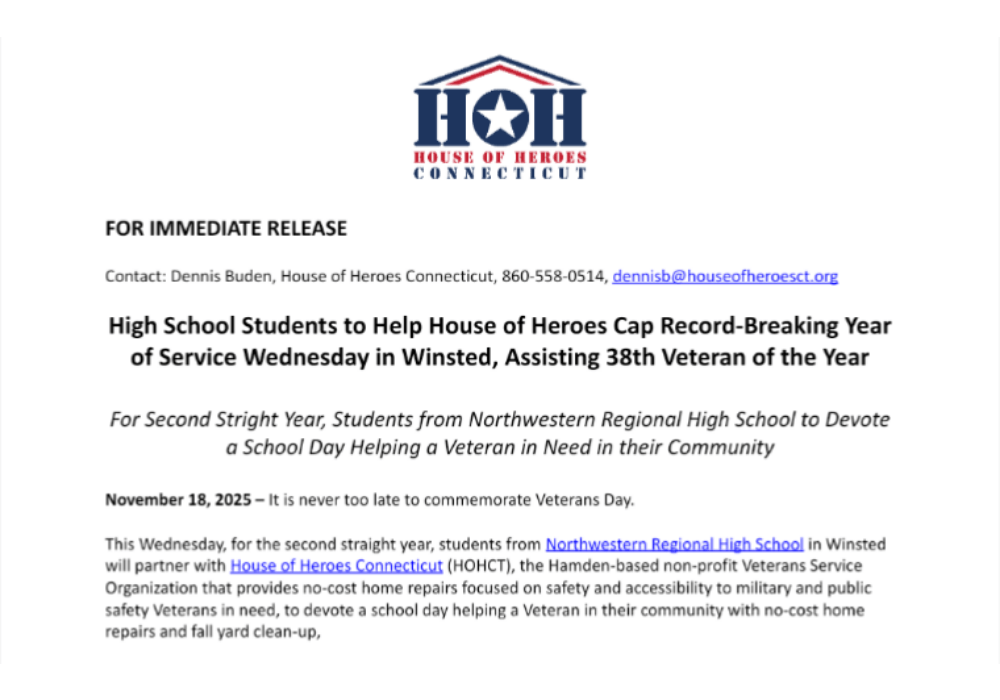 High School Students to Join House of Heroes Tomorrow in Winsted, Capping Record Year of Service