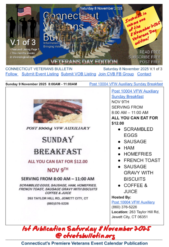 Post 10004 VFW Auxiliary Sunday Breakfast 9 November 2025