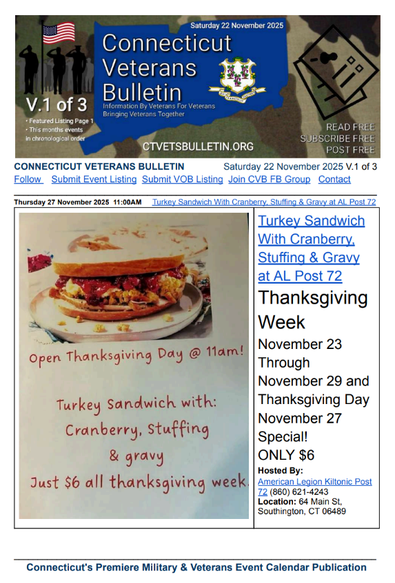 Thursday 27 November 2025 11:00AM Turkey Sandwich With Cranberry, Stuffing & Gravy at AL Post 72