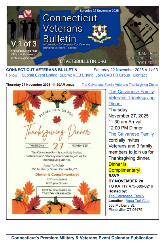 Thursday 27 November 2025 11:30AM Arrival The Calvanese Family Veterans Thanksgiving Dinner